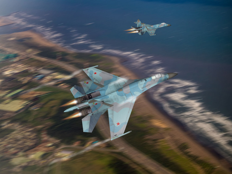 Grafika komputerowa pzedstawiająca dwa rosyjskie myśliwce Su-27