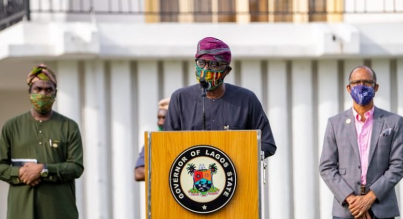 From left: Deputy Governor, Obafemi Hamzat, Governor Babajide Sanwo-Olu and Lagos State Commissioner for Health, Prof Akin Abayomi during the state's daily update on coronavirus. (LASG)