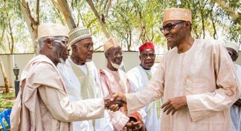 Buhari receives some of his old classmates - the 1953 intakes of Katsina Middle School.