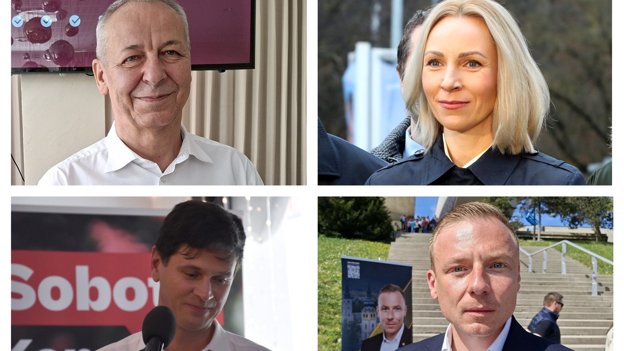 Kandidáti na primátorský post v Banskej Bystrici. Ján Nosko (vľavo hore), Diana Javorčíková, Tomáš Sobota (vľavo dole) a Matúš Molitoris (vpravo dole).