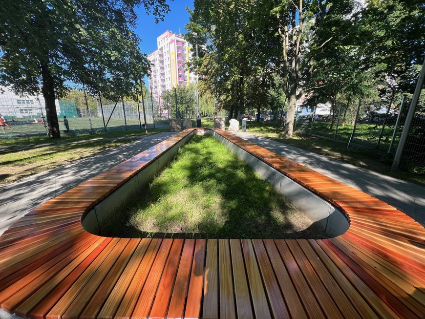 Klimatyczna ławka w cieniu drzew w pobliżu ścieżki edukacyjnej na terenie szkoły przy ul. Kolistej