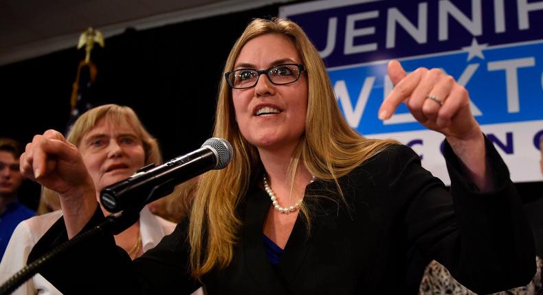 Democratic Rep. Jennifer Wexton speaks to supporters at her an election watch party in 2018.Andrew Caballero-Reynolds/AFP via Getty Images