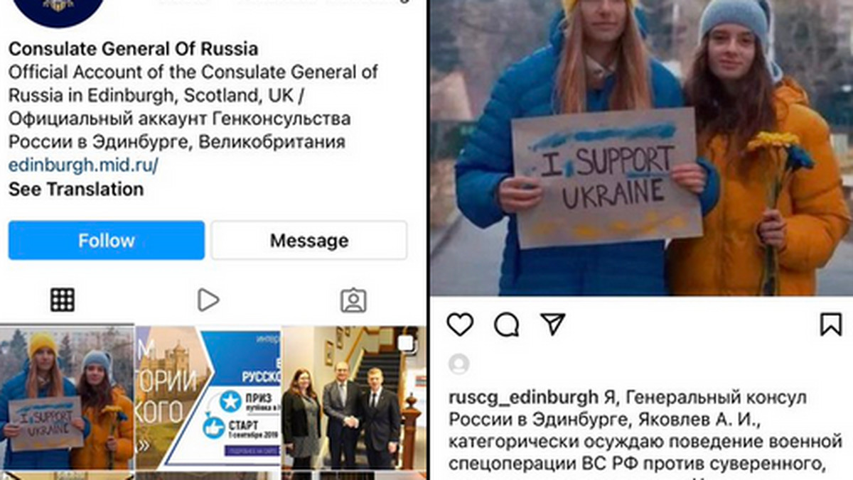 Na Instagramie jednego z rosyjskich konsulatów pojawił się zaskakujący wpis. Oczom internautów ukazało się zdjęcie kobiet trzymających kartkę z napisem: "Wspieram Ukrainę" oraz opis potępiający wojnę. Wpis szybko zniknął, a sam konsul twierdzi, że konto zhakowano. 