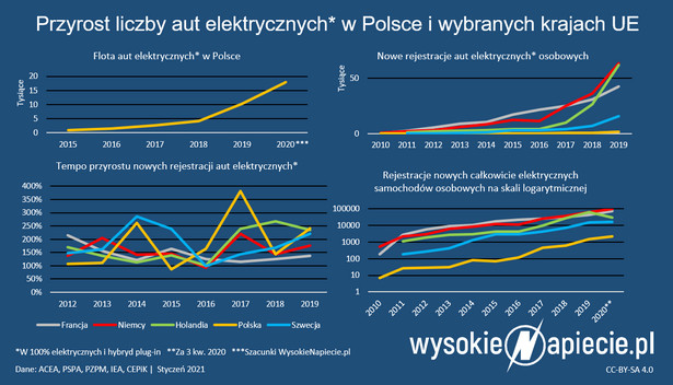Liczba aut elektrycznych - Polska 2020