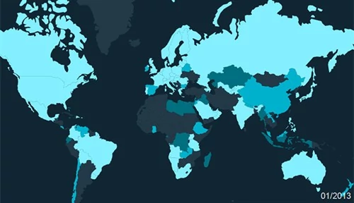 Globalny zasięg LTE w styczniu 2013. Ciemniejszym kolorem zaznaczono kraje, które uruchomią usługę jeszcze w tym roku