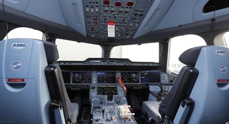 A general view shows the cockpit an Airbus A350 under construction at the final assembly line at the Airbus headquarters in Toulouse, December 4, 2014.  REUTERS/Regis Duvignau