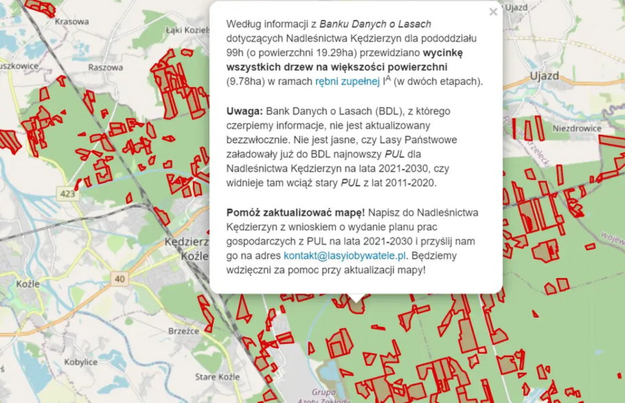 Można odszukać szczegółowe dane dotyczące planowanej wycinki