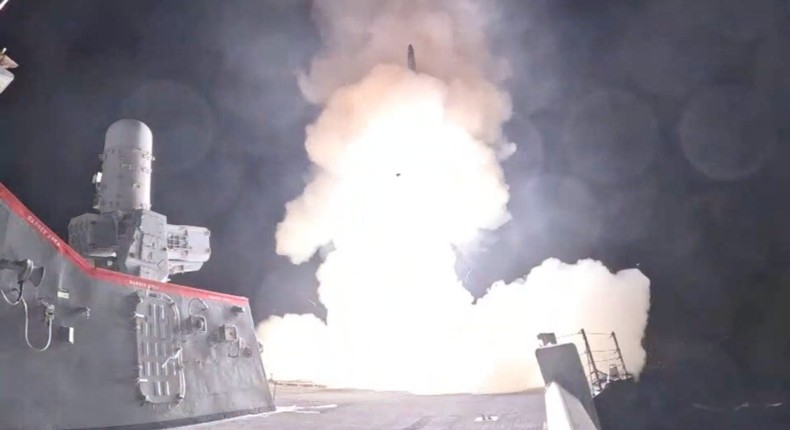 A US Navy warship fires an interceptor to engage Iranian ballistic missiles launched at Israel in October.Screengrab via US Navy video