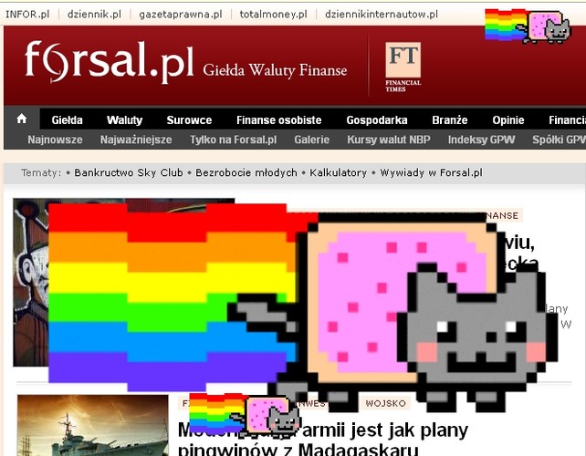 Nyan Cat. Szczególnym  przykładem sukcesu kota w Internecie jest Nyan Cat – pół kot, pół tarta wiśniowa biegnący w kosmosie na tęczowej fali. Nie można również zapomnieć o charakterystycznej muzyczce. Powtarzające się w kółko słowo „nyan” to dźwiękonaśladowczy wyraz oznaczający miauczenie kota. No dobrze, ale o co właściwie chodzi? Zapewne przyczyna popularności memu leży w jego absurdalności. Bardzo szybko pojawiły się też przeróbki nawiązujące do konwencji oryginału (np. polski kot nosi husarskie skrzydła i przemierza wszechświat w rytmie poloneza). Nyan Cat to najlepszy dowód, że nie można podać przepisu na dobry mem, a gusta internautów są naprawdę nieprzewidywalne. Na zdjęciu Frosal.pl opanowany przez Nyan Cata za sprawą serwisu nyanit.com.