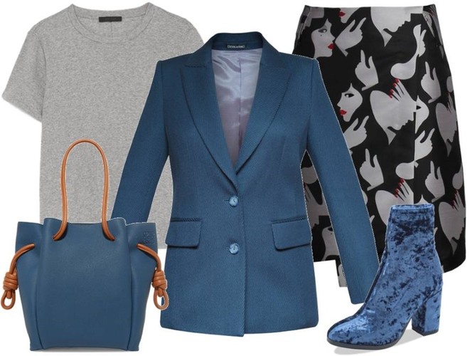 Modne marynarki na jesień 2018: żakiet-Dziekański/dziekanski.pl, spódniczka-Midori Feminine Fashion/midori.pl, buty-Caprice/caprice.pl, T-shirt, torebka-TK Maxx