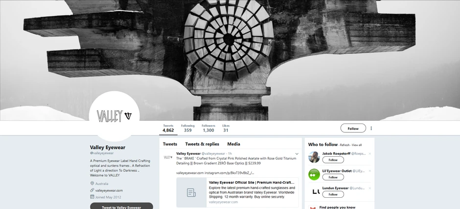 Tviter nalog kompanije "Valley Eye Wear"