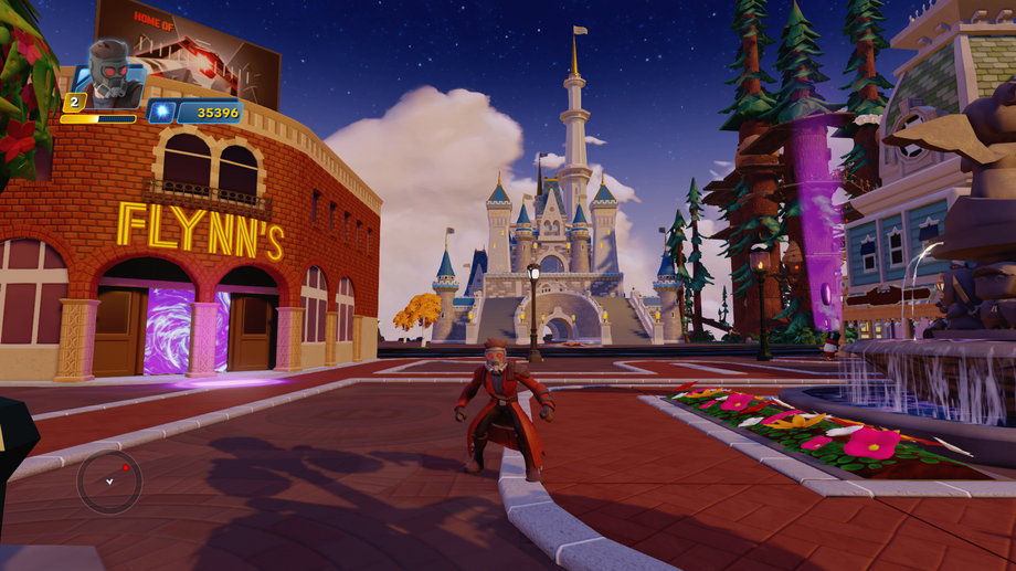 As for the game itself: One of the best things about "Disney Infinity" is how it draws on Disney history. Here's Star-Lord from "Guardians of the Galaxy" in front of Flynn's arcade of "Tron" fame, while Cindarella's castle looms in the background.