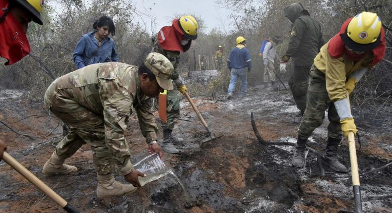 Soldiers, firemen and volunteers combat forest fires near Robore in eastern Bolivia, on August 25, 2019