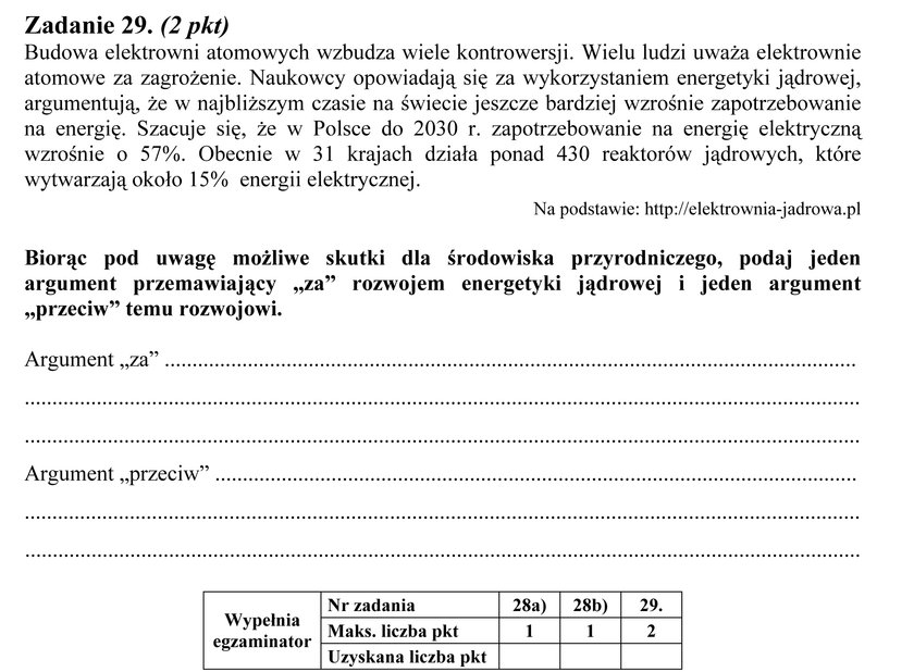 Arkusz egzaminacyjny z biologii z zadaniem 29