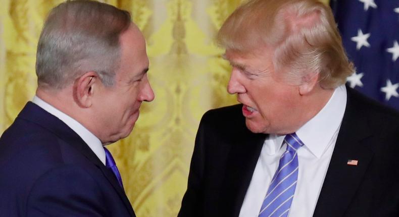 President Donald Trump and Israeli Prime Minister Benjamin Netanyahu shakes hands during a joint news conference in the East Room of the White House in Washington, Wednesday, Feb. 15, 2017.