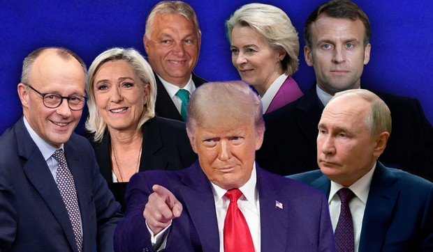 Donald Tramp,  Marin le Pen, Putin,Ursula fon der Lajen,  Viktor Orban, Makron i Fridrih Merc