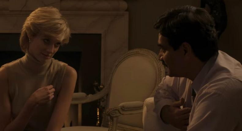 Princess Diana (Elizabeth Debicki) and Dr. Hasnat Khan (Humayun Saeed) on their first date in The Crown.Netflix