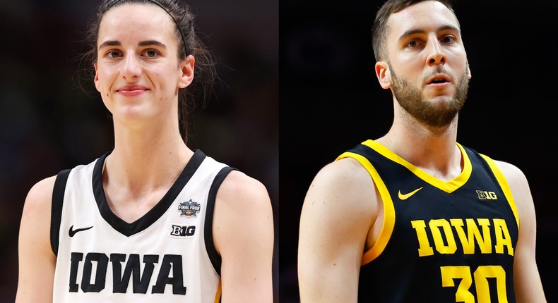 Caitlin Clark during the 2023 NCAA Women's Basketball Tournament championship; and Connor McCaffery during a 2023 game against Rutgers.Maddie Meyer/Staff/Getty Images; Rich Graessle/Icon Sportswire via Getty Images