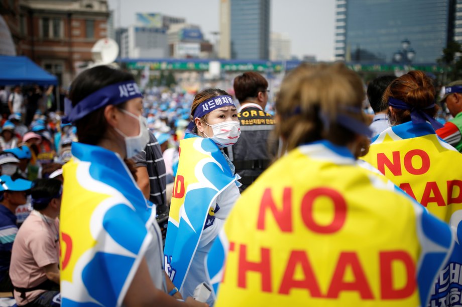 Seoungju residents take part in a protest against the government's decision on deploying a U.S. THAAD anti-missile defense unit in Seongju, in Seoul, South Korea, July 21, 2016.