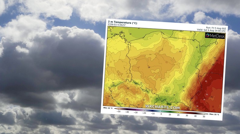 W weekend upały odpuszczą i czasami zmoczy nas deszcz (mapa: wxcharts.com)