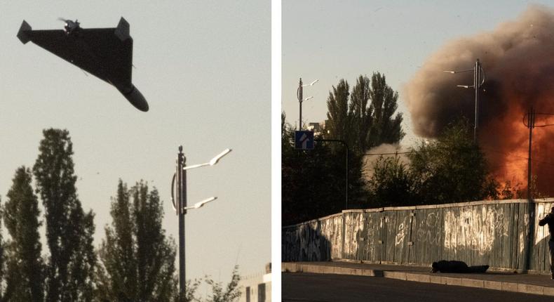 A composite photo showing a drone in the sky and the aftermath of it hitting in Kyiv, Ukraine, on October 17, 2022. The photo on the right shows a man who fell.YASUYOSHI CHIBA/AFP via Getty Images; Insider