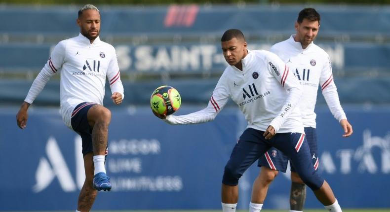 Paris Saint-Germain's deadly strike force of (from left to right) Neymar,  Kylian Mbappe and Lionel Messi Creator: FRANCK FIFE