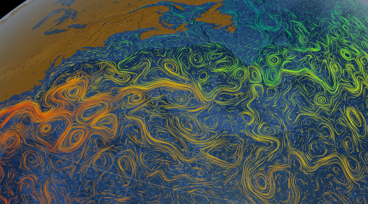 Az Amerikai Űrkutatási Hivatal (NASA)
különleges színfelbontású fotója a Golf-áramlatról /Fo­tó: NASA