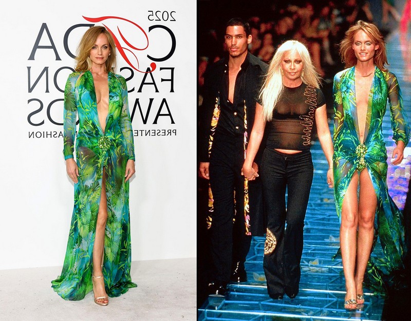 Topmodelka Amber Valetta obliekla ikonické zelené „jungle“ šaty Donatella Versace.