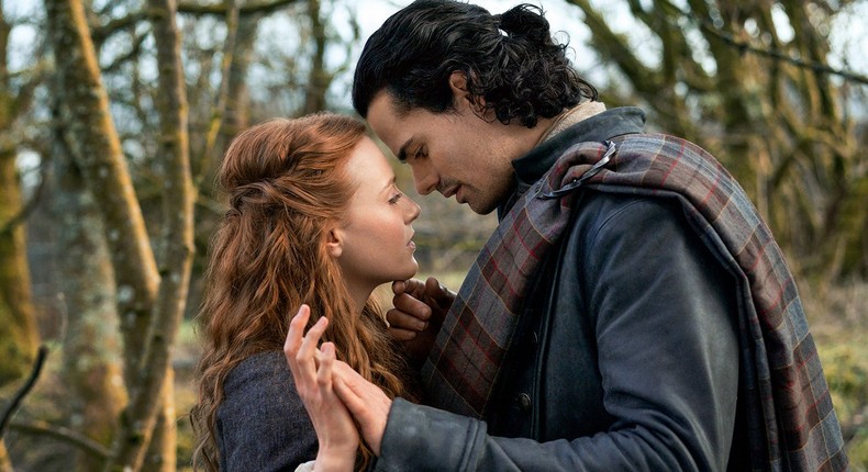 Ellen MacKenzie (Harriet Slater) and Brian Fraser (Jamie Roy) in Outlander: Blood of My Blood.Starz