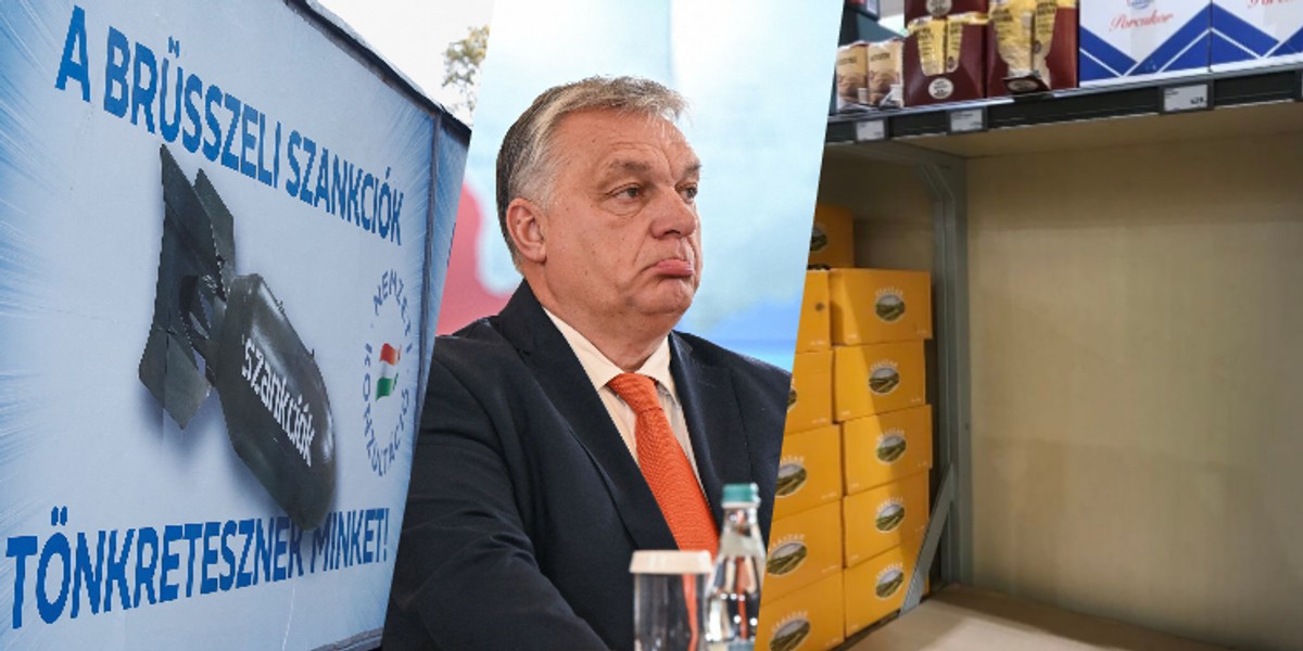 Po lewej billboard z napisem "Brukselskie sankcje nas zniszczą", w środku premier Węgier Viktor Orban, po prawej puste półki zamiast cukru w Wielkiej Hali Targowej w Budapeszcie.