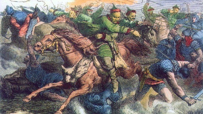 Hunowie w bitwie z Alanami, według wyobrażenia XIX wiecznego ilustratora Johanna Nepomuka Geigera - domena publiczna
