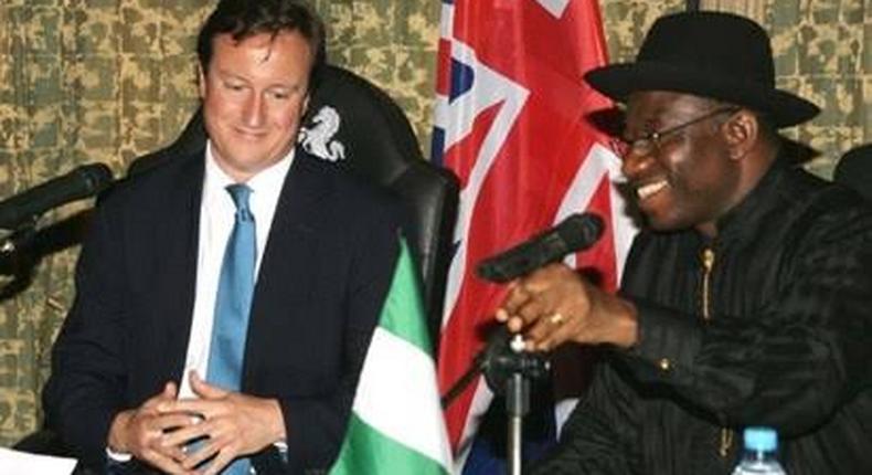 Former British Prime Minister, David Cameron and Former President of Nigeria, Goodluck Jonathan. (Vanguard)