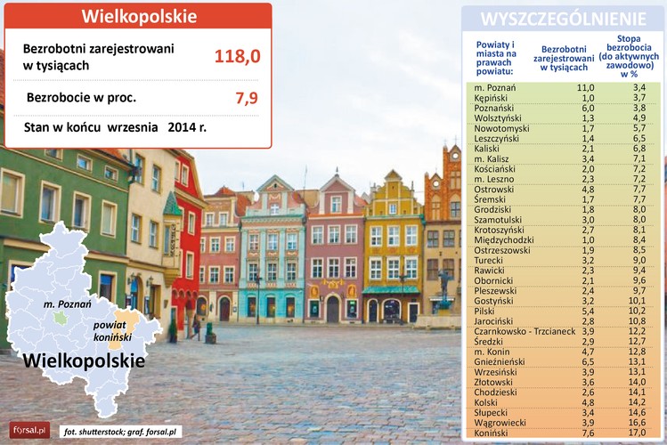 Wielkopolska może się poszczycić najniższą stopą bezrobocia wśród polskich województw (7,9 proc.). Absolutnym rekordzistą jest Poznań, w którym stopa bezrobocia na koniec września tego roku wynosiła według GUS zaledwie 3,4 proc. Oznacza to niemal pełną równowagę na rynku pracy, bowiem za granicę bezrobocia frykcyjnego, czyli związanego z przerwami w zatrudnieniu z powodu szukania innej pracy lub ze zmianą miejsca zamieszkania, uznaje się poziom 5 proc. Rąk do pracy w Poznaniu jednak na pewno nie zabraknie. „Sytuacja zatrudnieniowa na terenie województwa wielkopolskiego jest bardzo zróżnicowana i często celem migracji zarobkowej dla mieszkańców powiatów, w których stopa bezrobocia jest wysoka, jest właśnie Poznań, traktowany metropolitarnie, łącznie  z gminami powiatu poznańskiego. To tutaj lokują się duże inwestycje i dlatego łatwiej jest znaleźć pracę” – mówi Forsalowi Magdalena Morze z Powiatowego Urzędu Pracy w Poznaniu. <br>Inwestorów w regionie nie brakuje. Niedawno w Sadach pod Poznaniem swoje centrum dystrybucyjne otworzył amerykański Amazon – w ciągu 3 lat ma tu pracować nawet 5,5 tys. osób. Z kolei w Białężycach koło Wrześni rozpoczęła się budowa nowej fabryki Volkswagena, która da pracę ok. 3 tys. osób. <br>Powiat kępiński (kępińskie zagłębie meblowe jest jednym z największych w Polsce) ma najniższą stopę bezrobocia wśród wszystkich polskich powiatów (3,7 proc.), na drugim miejscu plasuje się powiat poznański (3,8 proc.). Najsłabiej w województwie radzą sobie powiaty wągrowiecki (16,6 proc. bezrobocia) i koniński (17 proc.).