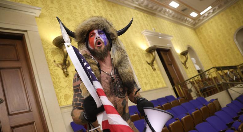 Jacob Chansley, also known as the QAnon Shaman, inside the Capitol on January 6.
