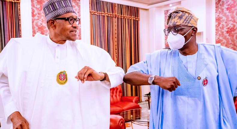 Lagos state Governor, Babajide Sanwo-Olu visits President Muhammadu Buhari to update him on the progress made in the reconstruction of Lagos following the #EndSARS mayhem. [Twitter/@NGRPresident]