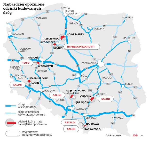 Najbardziej opóźnione odcinki budowanych dróg