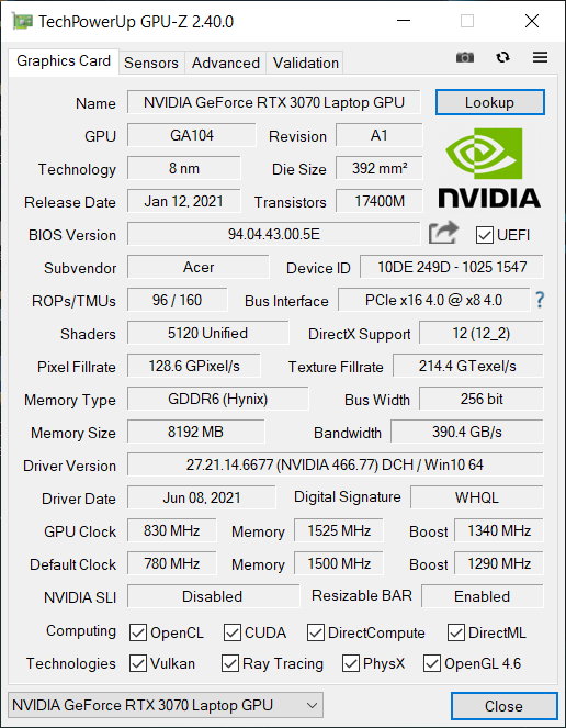 Acer Predator Helios 300 (PH315-54) – GPU-Z – specyfikacja Nvidia GeForce RTX 3070 Laptop GPU [110W]