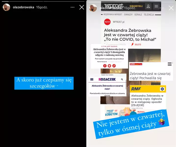 Na relacji Aleksandry Żebrowskiej pojawiła się informacja skierowana do mediów. &quot;Jestem w ósmej ciąży&quot; - poprawia nagłówki Żebrowska / Instagram @olazebrowska
