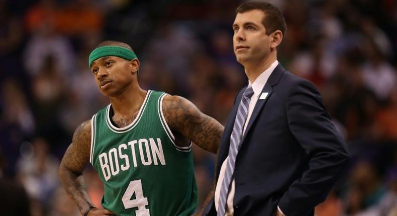 Isaiah Thomas and head coach Brad Stevens of the Boston Celtics, seen during a NBA game in Phoenix, Arizona, on March 5, 2017