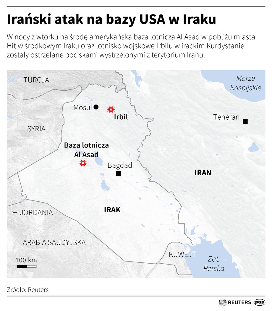 Lokalizacja amerykańskich baz wojskowych w Iraku zaatakowanych irańskimi rakietami