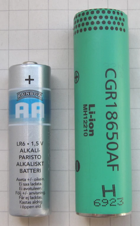 Porównanie rozmiarów ogniwa litowo-jonowego o rozmiarze 18650 z alkaliczną baterią AA zwaną paluszkiem - fot 