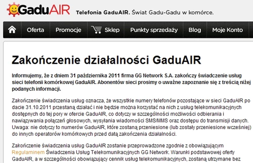 O zakończeniu działania sieci GaduAIR poinformowało SMS-ami i w internecie.