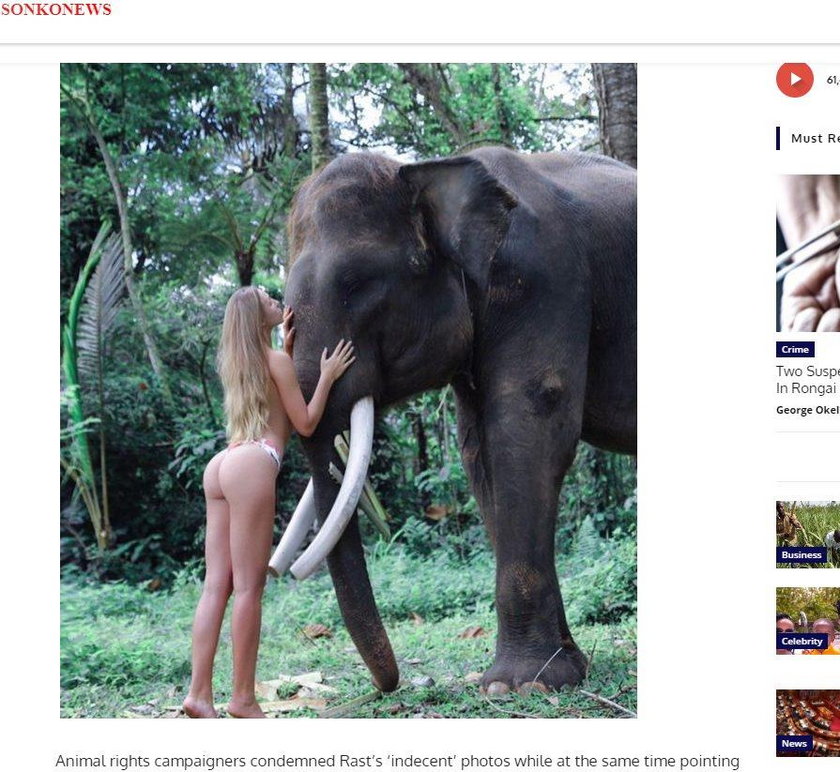 Naga Jessica Rast pozuje ze słoniem