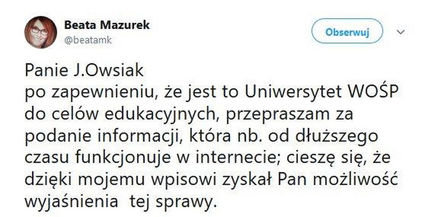 Rzeczniczka PiS przeprasza Owsiaka