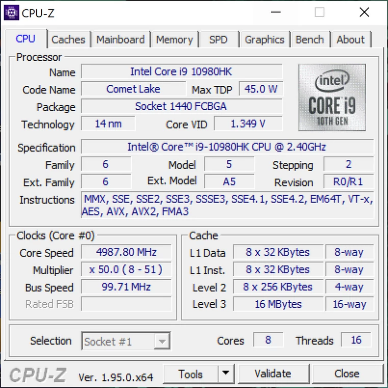 Gigabyte AERO 15 OLED (YC) – CPU-Z – specyfikacja Intel Core i9-10980HK