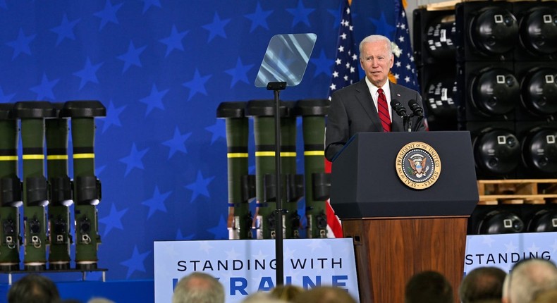 President Joe Biden at a Lockheed Martin facility where Javelin anti-tank missiles are made, in Troy, Alabama, on May 3, 2022.