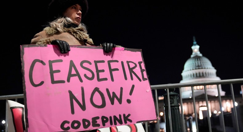 Antiwar protesters demonstrate against US involvement in the Ukraine War outside of the US Capitol.Drew Angerer/Getty Images