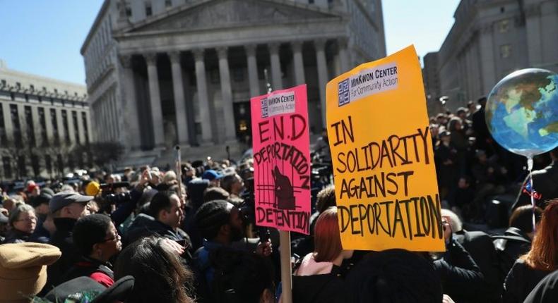 Protesters take part in a Solidarity Rally Against Deportation, at Foley Square near the Immigration and Customs Enforcement (ICE) office in New York, in March 2017