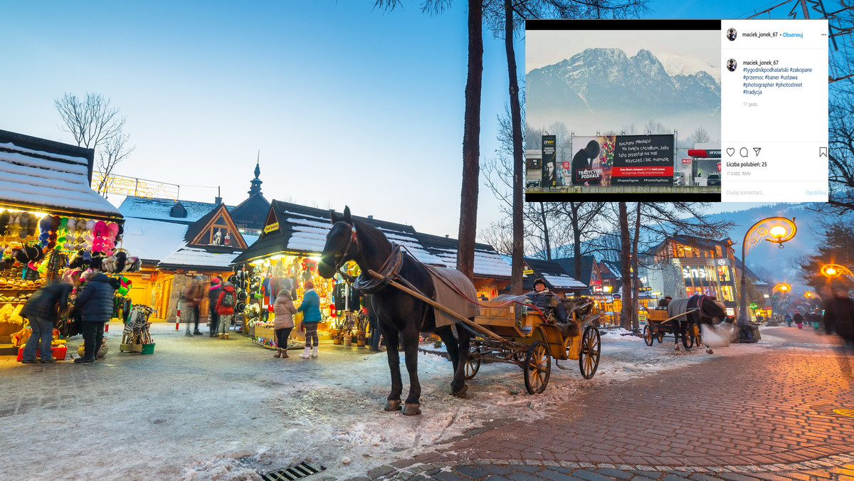 Zakopane. Baner antyprzemocowy przy wjeździe do miasta