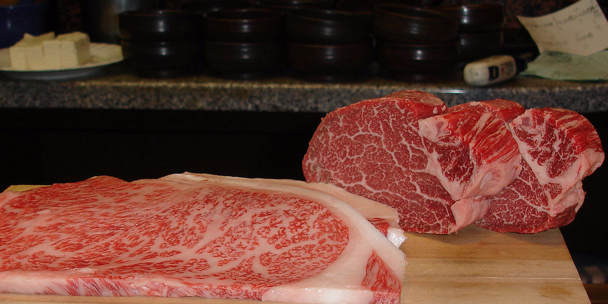 Raw Wagyu is colored pink, due to the integrated meat and fat.